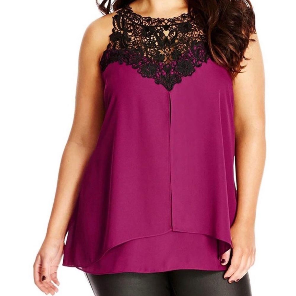 City Chic | burgundy blouse tank with lace detail